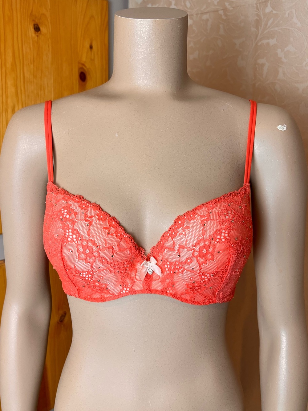 34D | Victoria's Secret 'Padded Demi' Pink Floral Lace Crystal Push-Up Bra